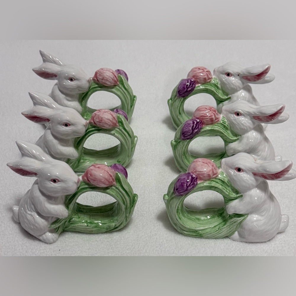 White Ceramic Bunny Napkin Rings with Pastel Tulip Wreath - Set of 6